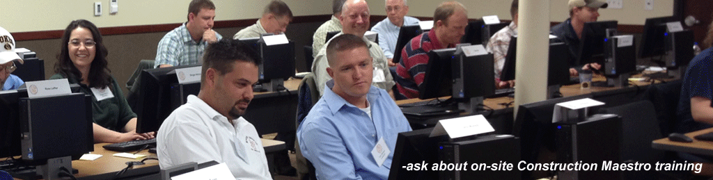 Classroom full of people using computers. Text: "Ask about on-site Construction Maestro training"